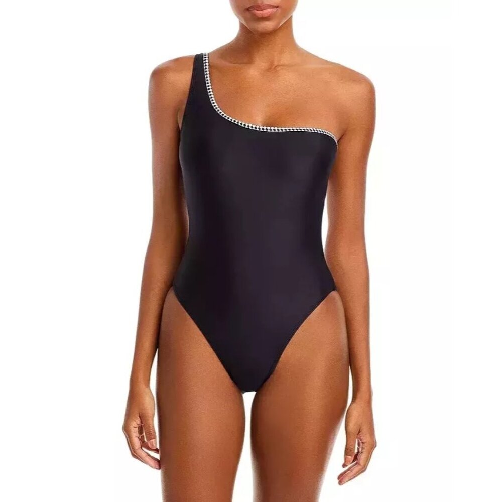 NWT Lem Lem Lena One Shoulder One Piece Swimsuit Sz L Black Sleeveless Vacation